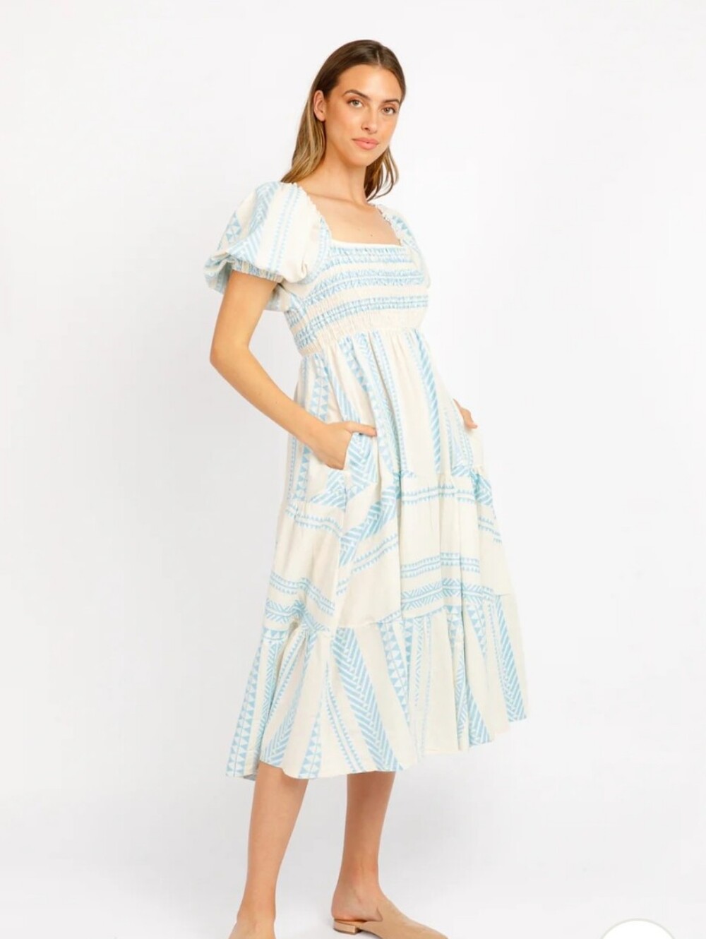 Smocked Midi Dress with Blue Embroidered Stripe Zelma Dress By Sophia Size M